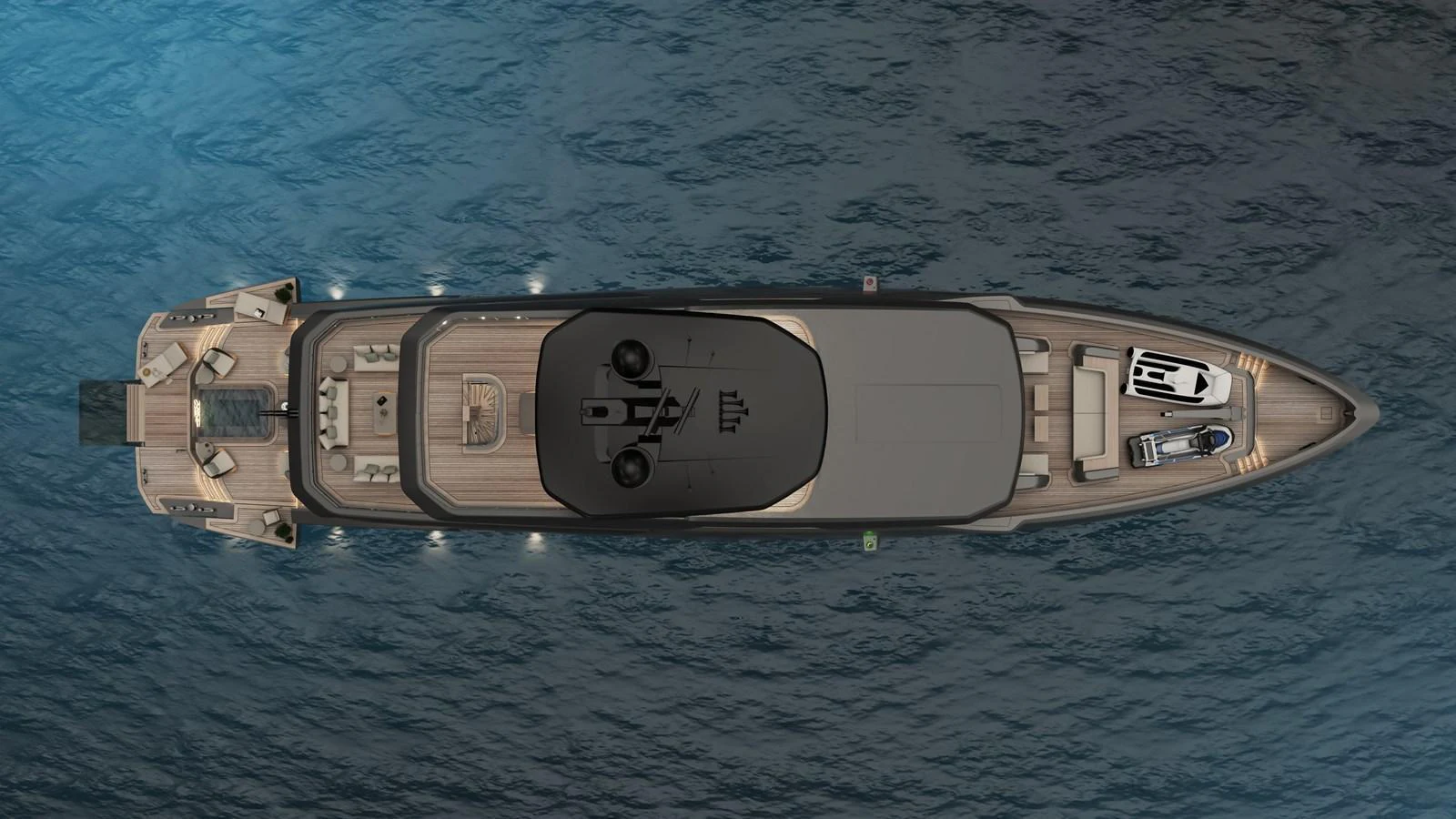 A top-down view of a sleek yacht showcasing its elegant design and spacious deck areas. aboard NOA I Yacht for Sale