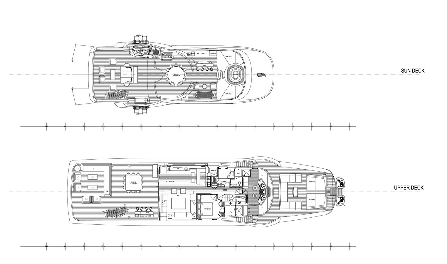 The image showcases detailed deck plans of the yacht's sun deck and upper deck. aboard DOMANI Yacht for Sale