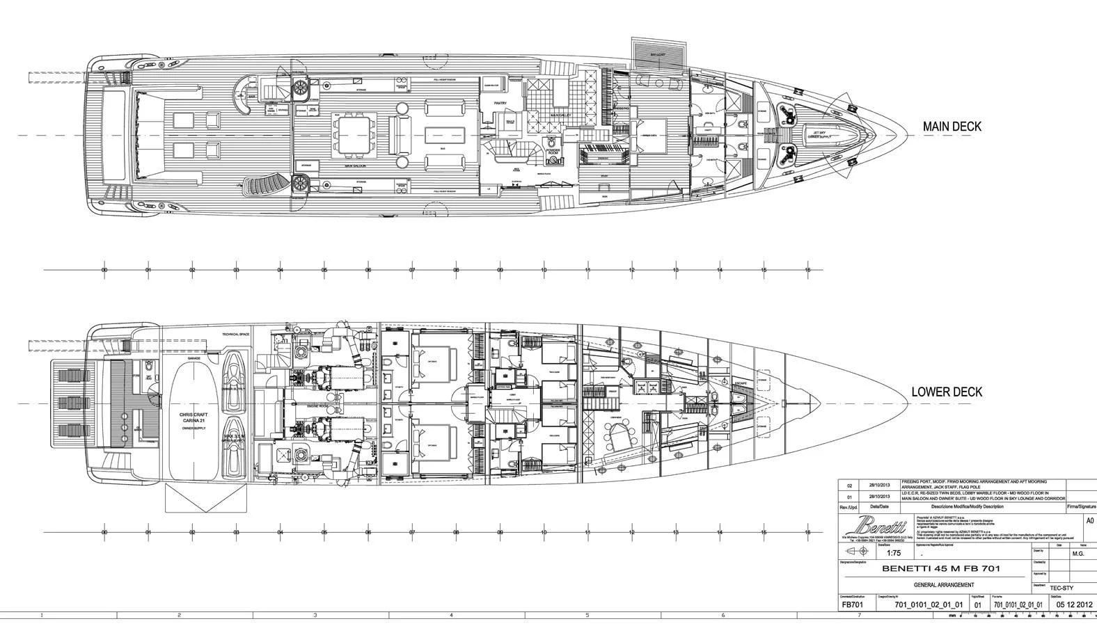 This image showcases the detailed deck plans of a luxury yacht, highlighting the layout of the main and lower decks. aboard DOMANI Yacht for Sale