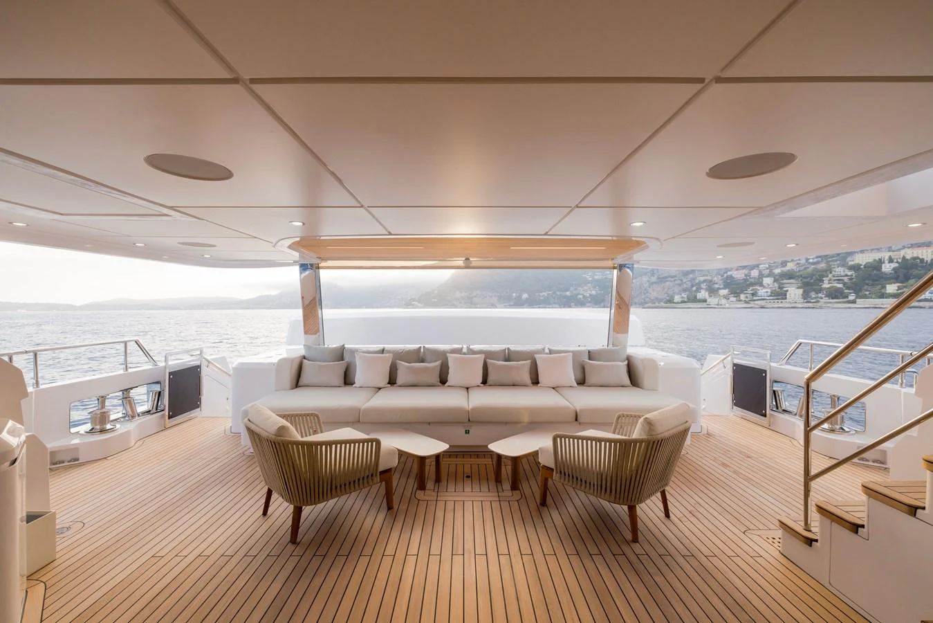 a large living room with a large balcony overlooking the ocean aboard MAJESTY 120 Yacht for Sale