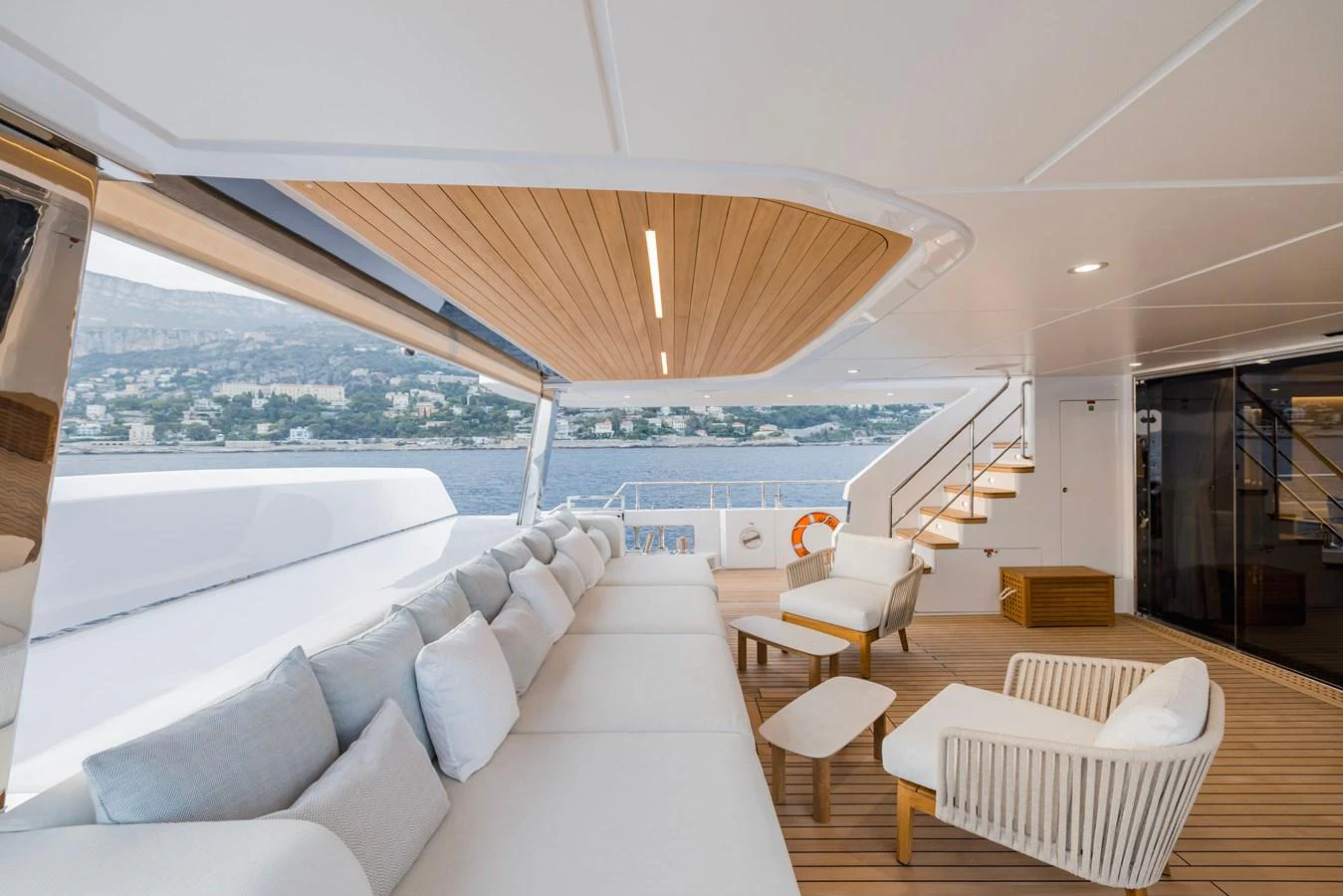 a large living room with a large balcony aboard MAJESTY 120 Yacht for Sale