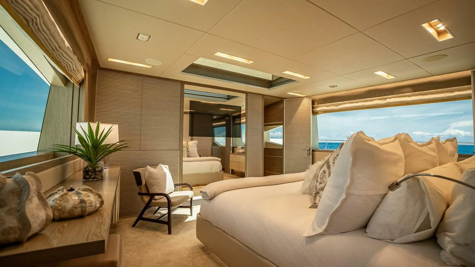 The master stateroom offers a luxurious and spacious retreat with panoramic views and elegant decor. aboard SHORT STORY Yacht for Sale