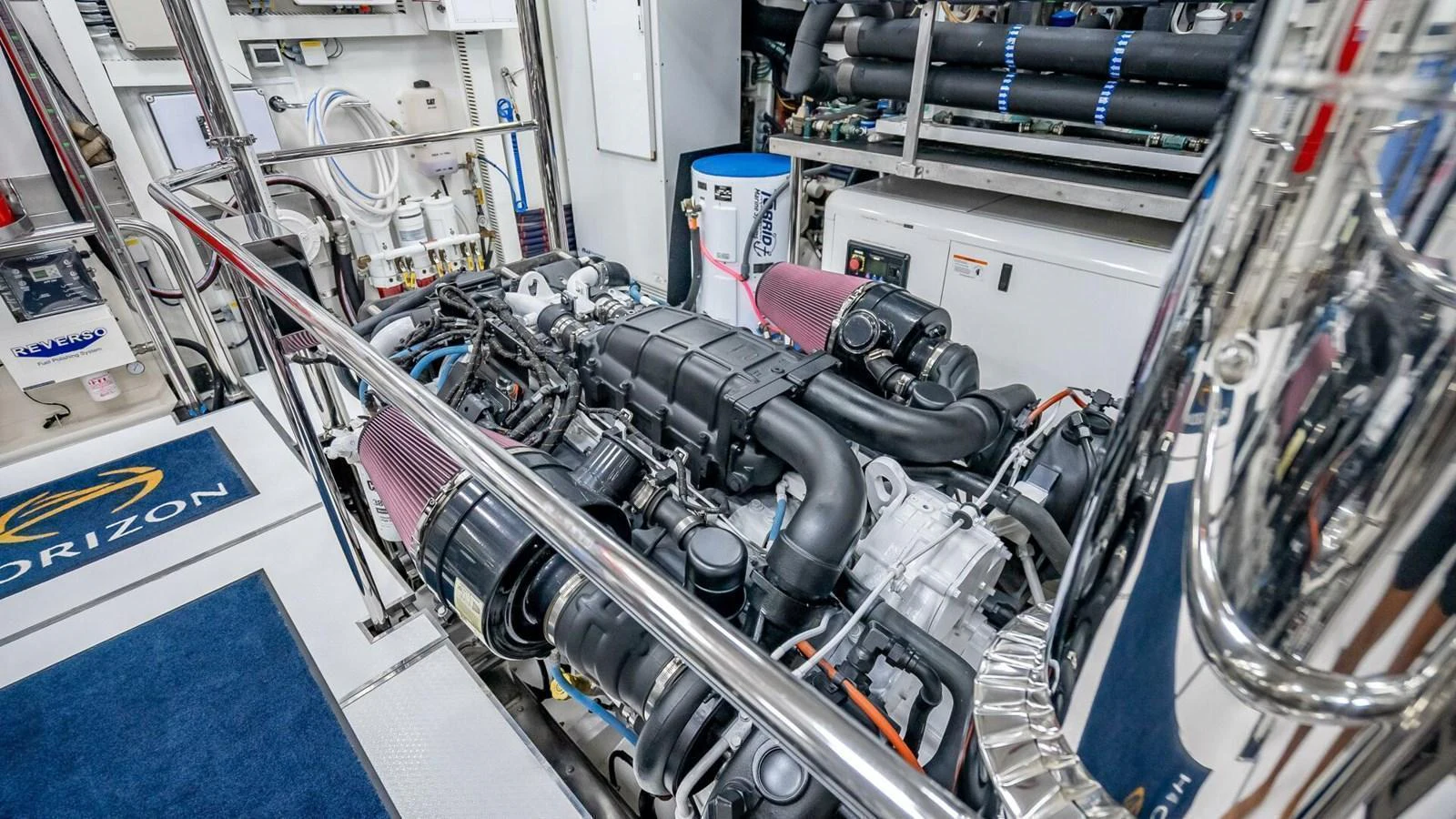 The image showcases the meticulously maintained engine room of the yacht, highlighting its advanced mechanical systems. aboard SHORT STORY Yacht for Sale