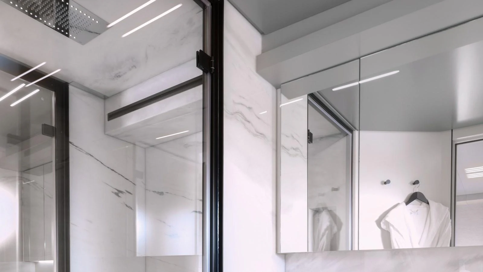 The yacht's bathroom features sleek, modern design with marble surfaces and glass accents. aboard BIZMAN Yacht for Sale