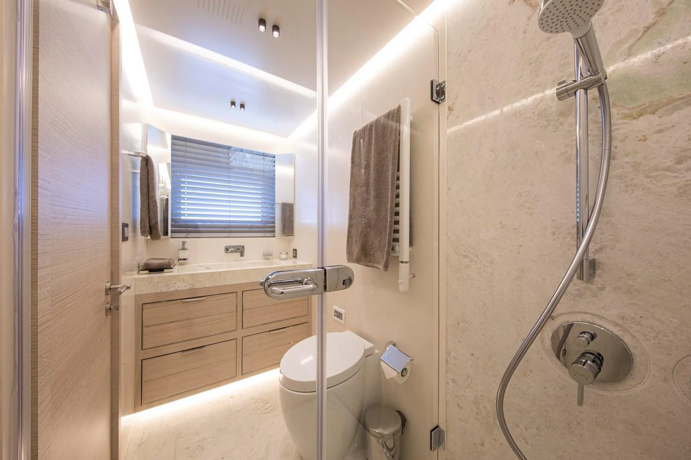 The yacht's bathroom features modern fixtures and a sleek design. aboard OSCAR Yacht for Sale