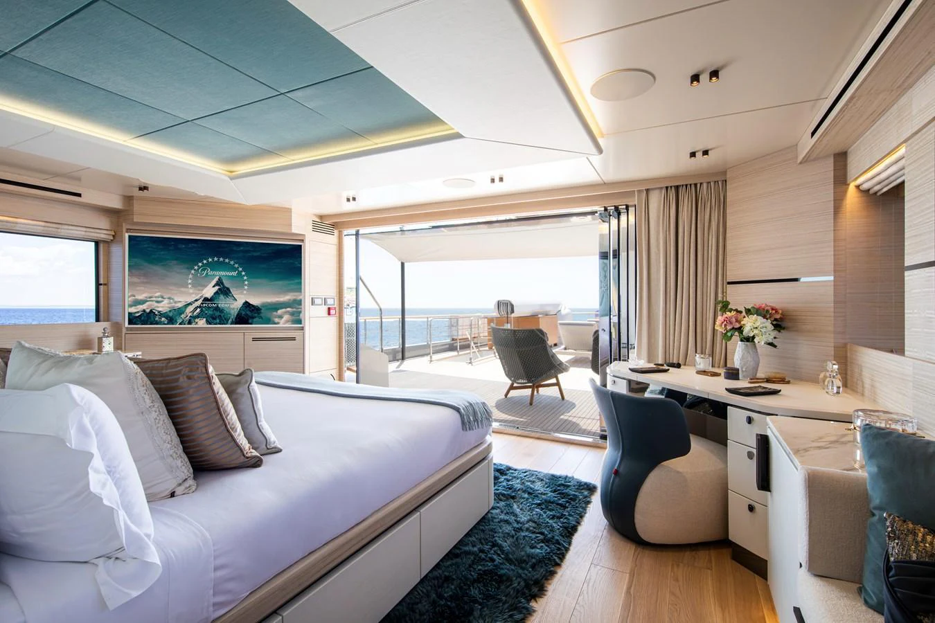 The master stateroom offers a luxurious retreat with a spacious layout, modern decor, and stunning ocean views. aboard OSCAR Yacht for Sale
