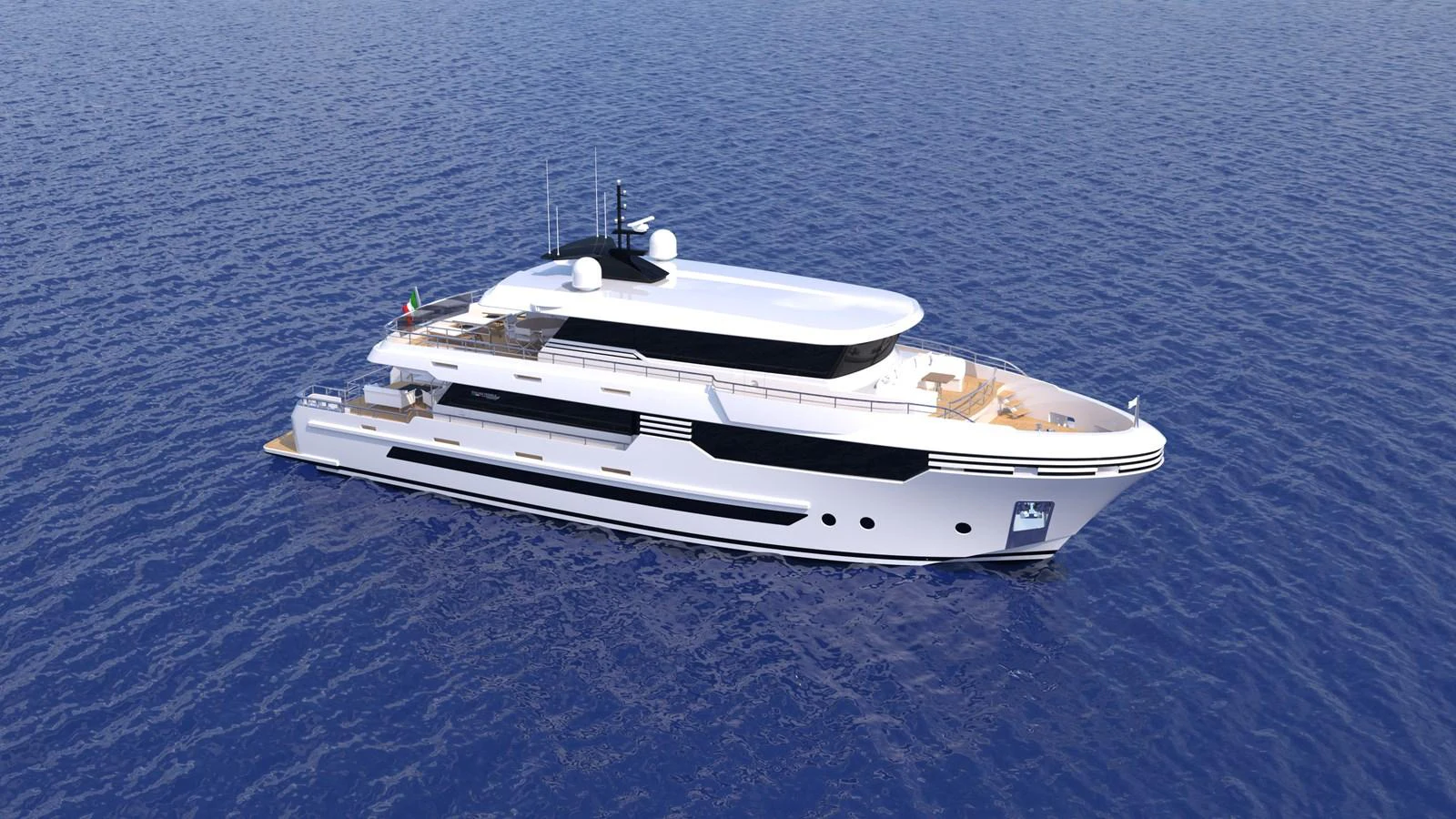 A sleek and modern yacht cruising on the open sea. aboard WIDESPACE EXPLORER Yacht for Sale