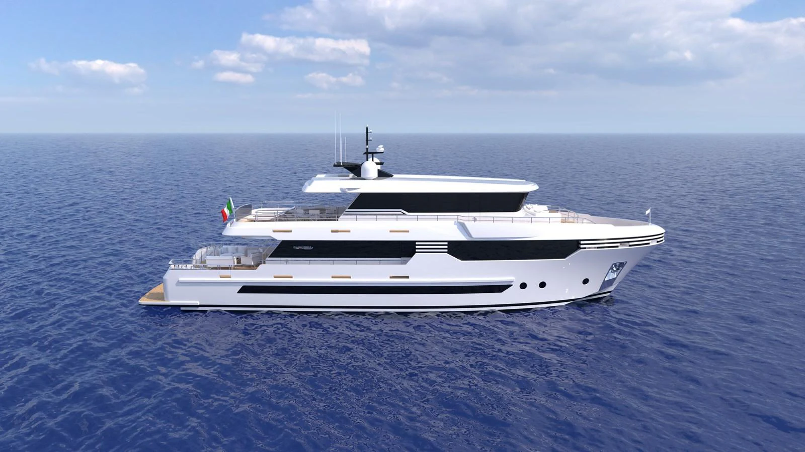A sleek and modern yacht cruising on calm blue waters under a partly cloudy sky. aboard WIDESPACE EXPLORER Yacht for Sale