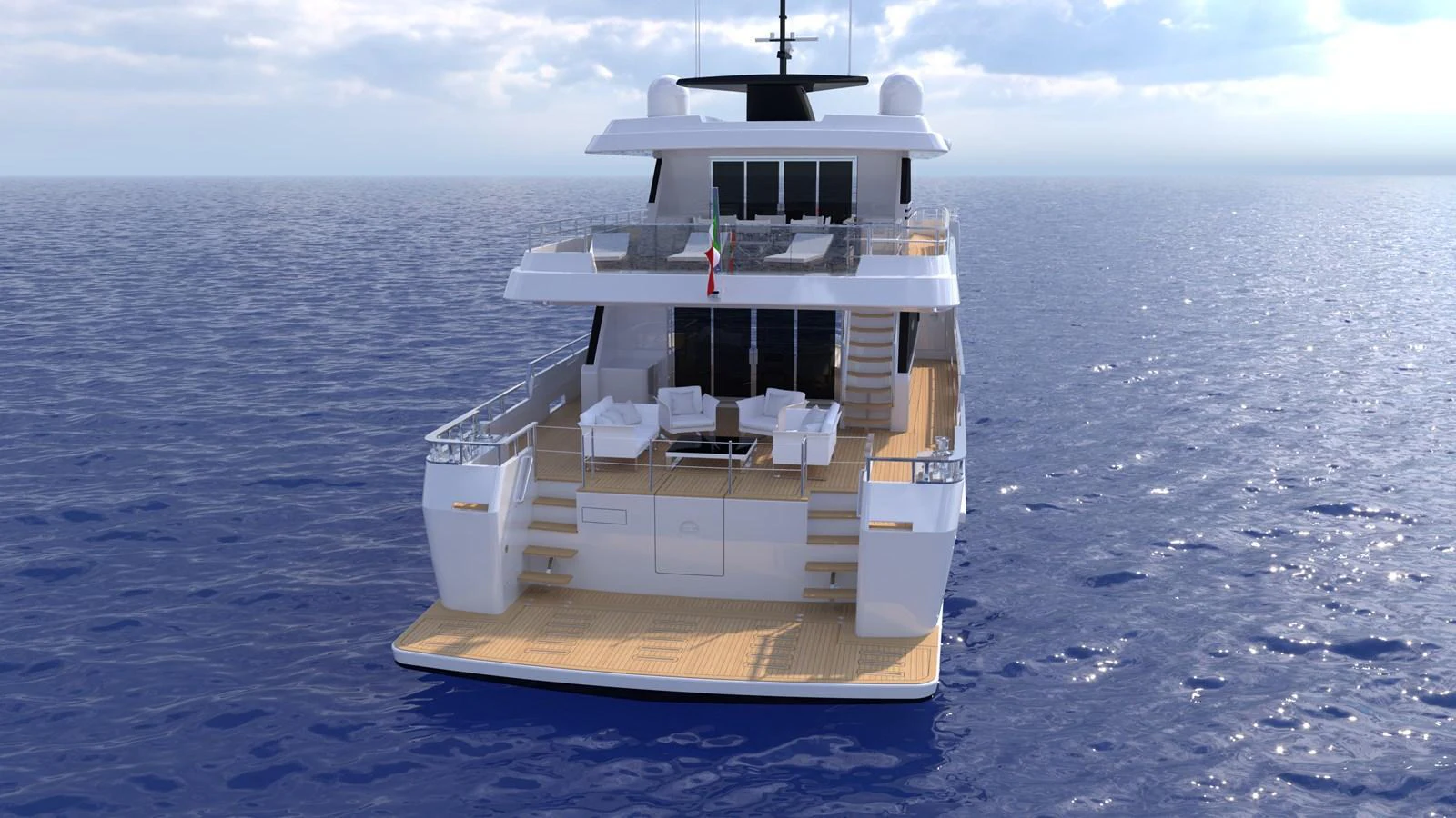 The yacht showcases a spacious aft deck with elegant seating areas, perfect for relaxation and socializing. aboard WIDESPACE EXPLORER Yacht for Sale