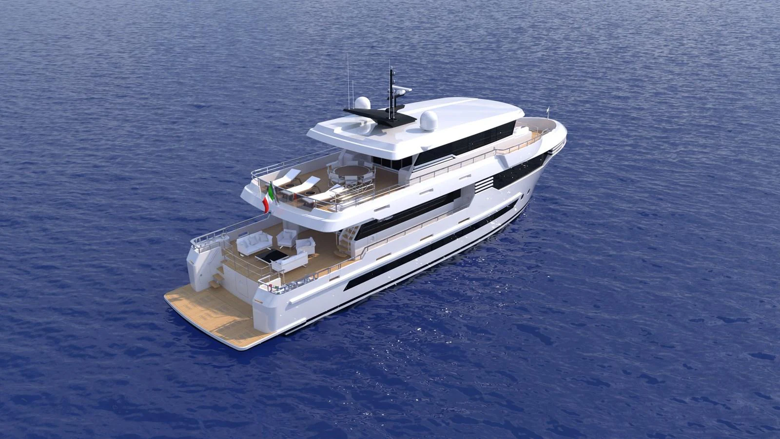 A sleek and modern yacht cruising on calm blue waters. aboard WIDESPACE EXPLORER Yacht for Sale