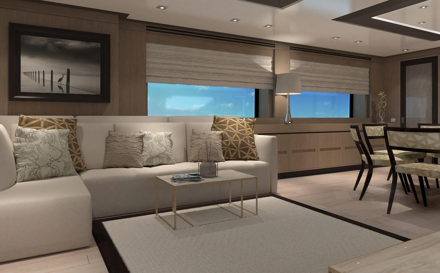 The salon features a comfortable seating area with elegant decor and large windows offering a view of the sea. aboard WIDESPACE EXPLORER Yacht for Sale