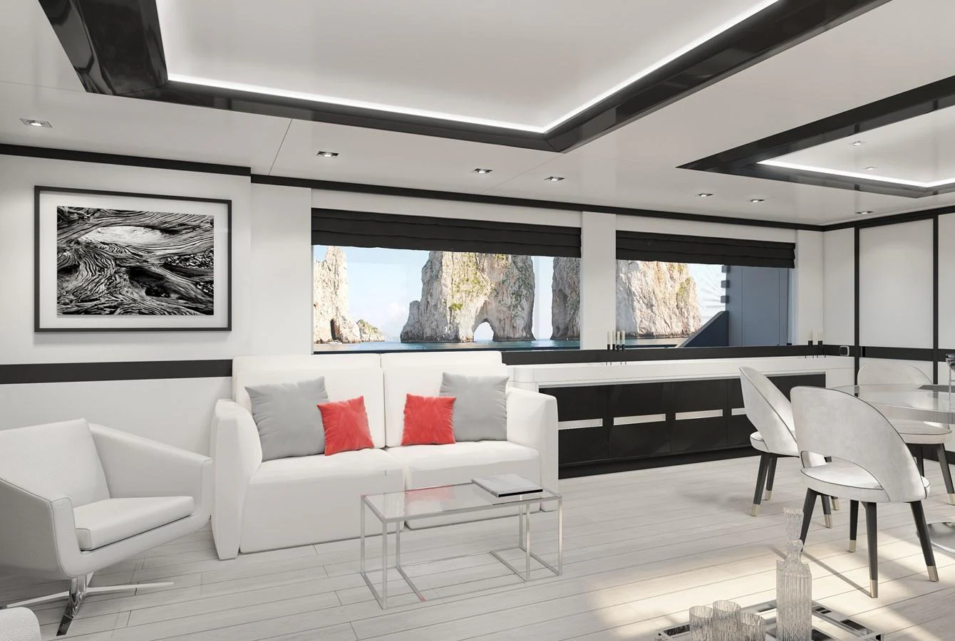The salon features modern furnishings with a stunning view through large windows. aboard WIDESPACE EXPLORER Yacht for Sale