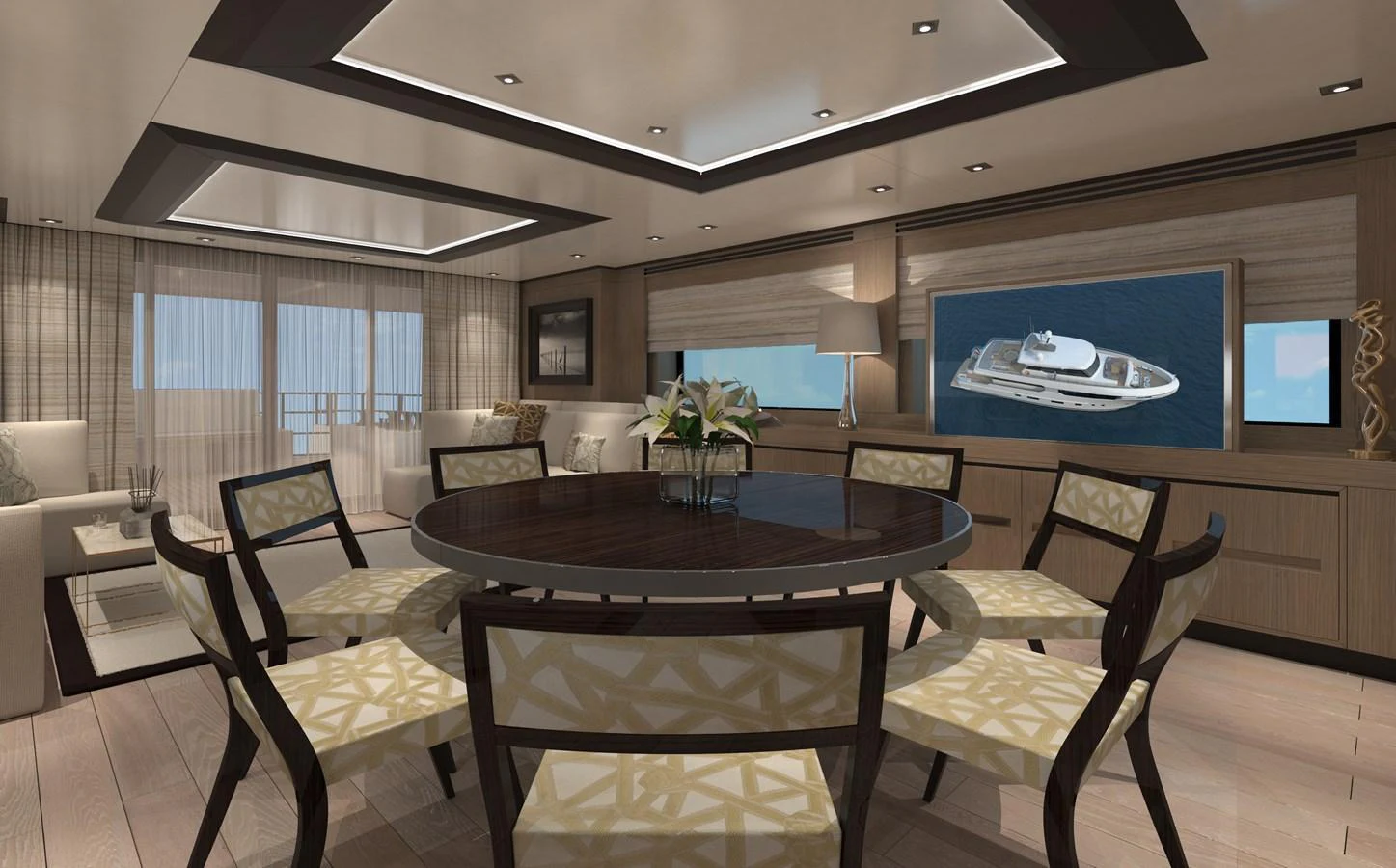 The yacht's dining area features a stylish round table surrounded by elegant chairs, with large windows providing a serene view. aboard WIDESPACE EXPLORER Yacht for Sale