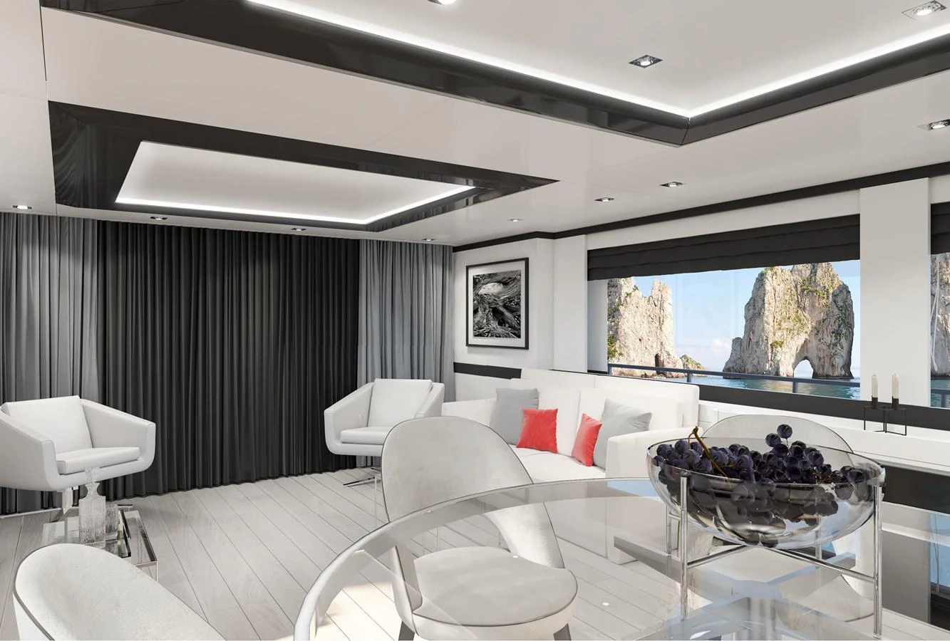The salon features modern furnishings with ample natural light and scenic views. aboard WIDESPACE EXPLORER Yacht for Sale