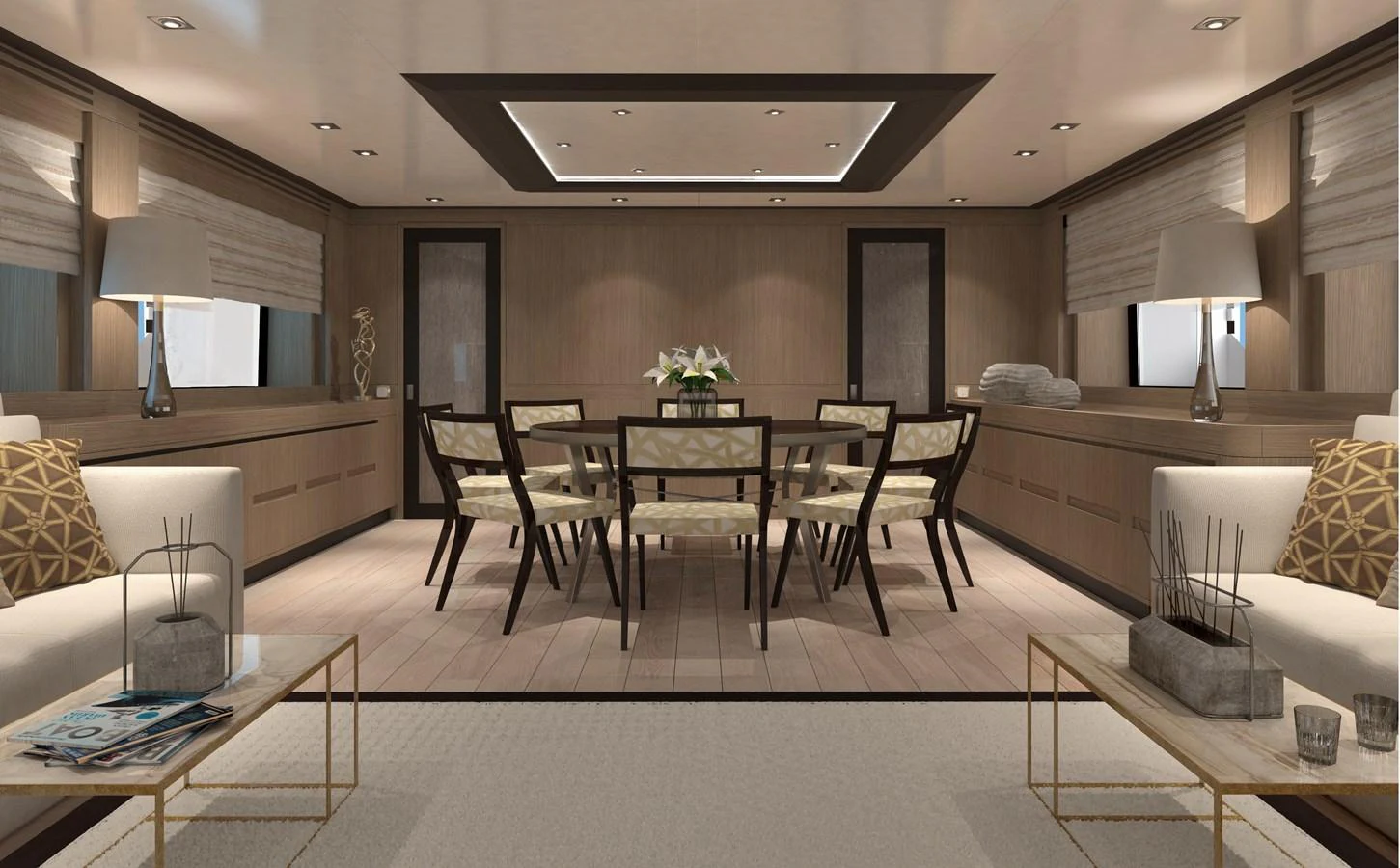 The yacht's dining area features a sophisticated and modern design with ample seating. aboard WIDESPACE EXPLORER Yacht for Sale