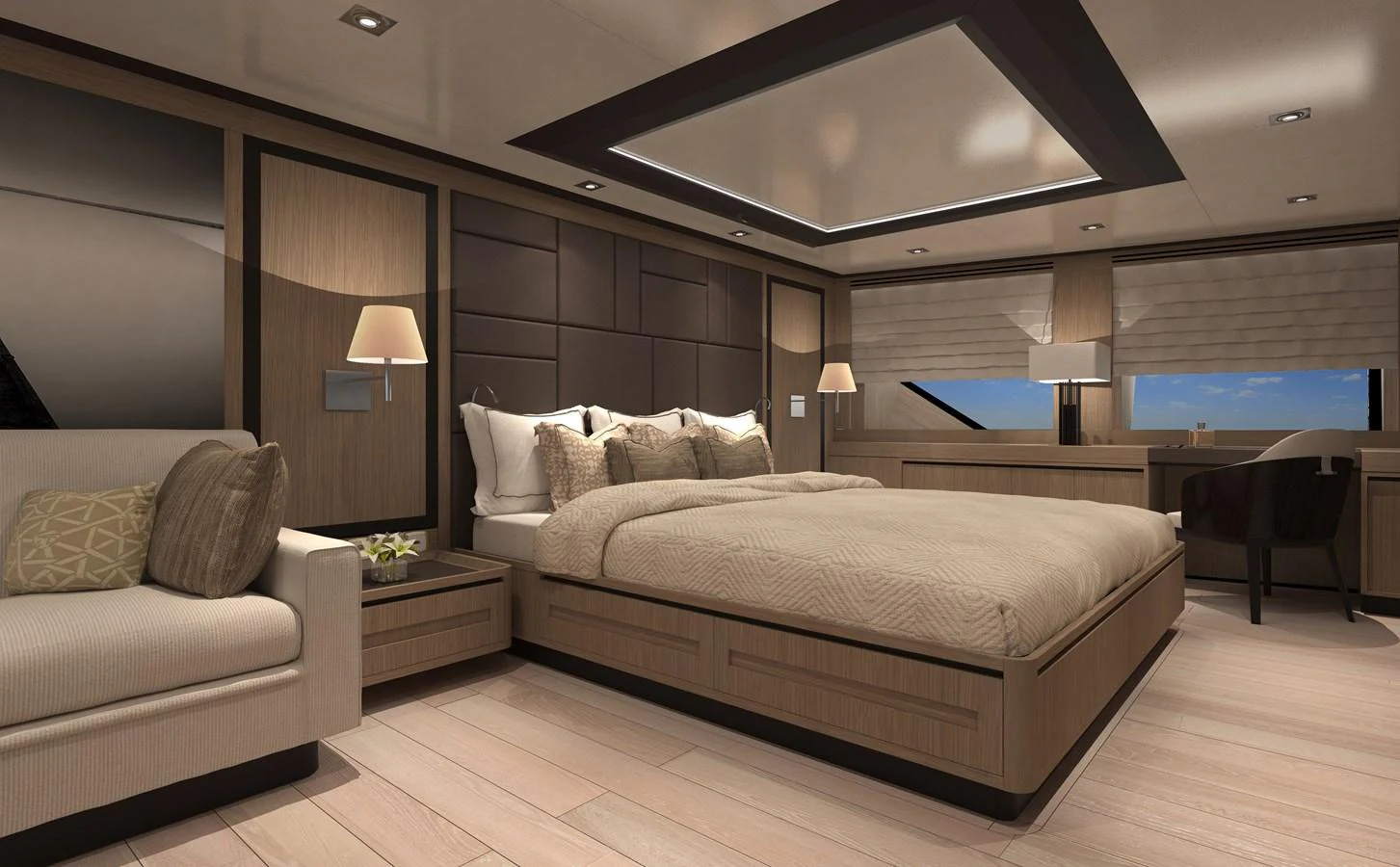 The master stateroom features a luxurious bed, elegant lighting, and ample natural light from large windows. aboard WIDESPACE EXPLORER Yacht for Sale