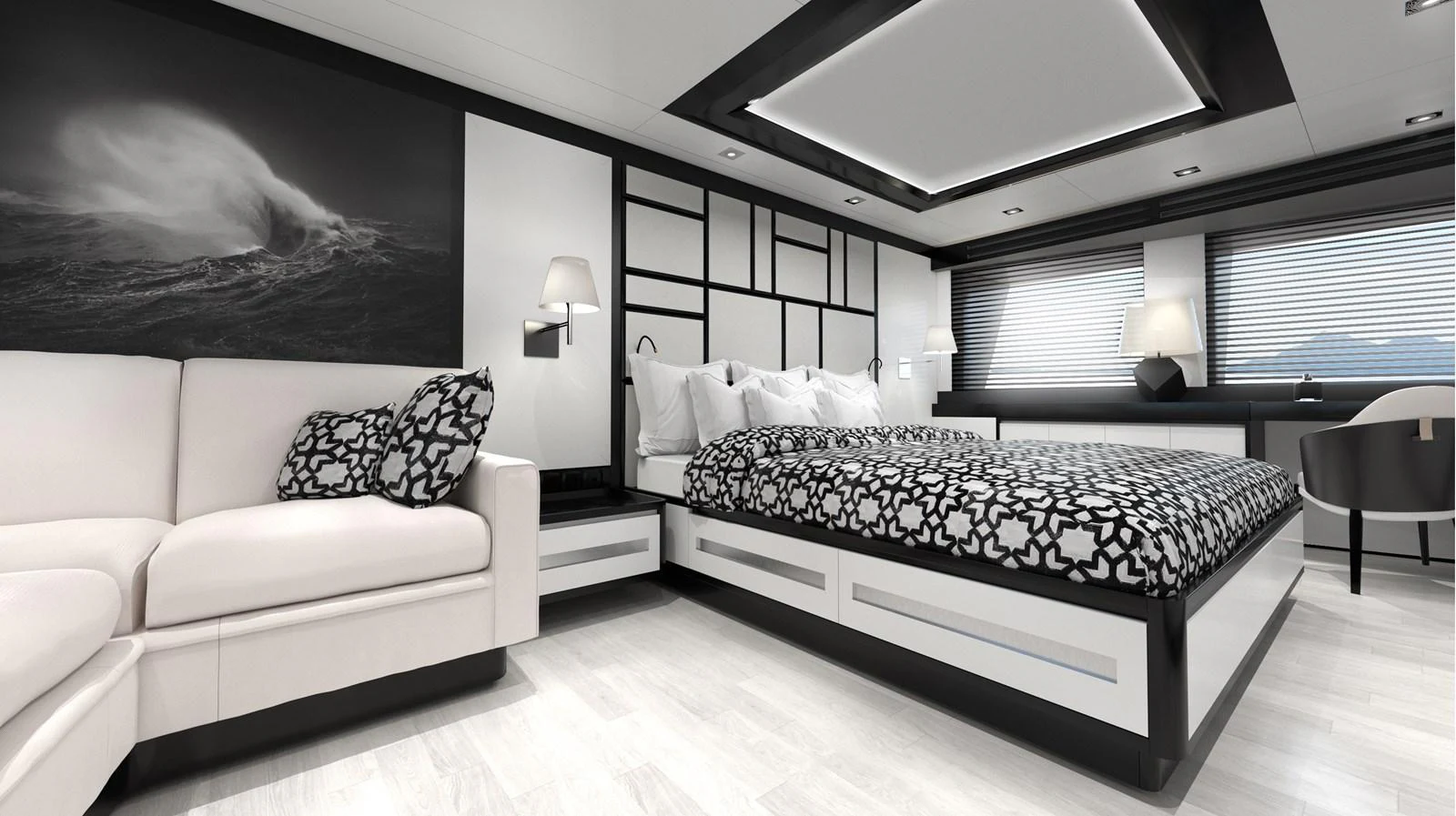 The master stateroom features a luxurious bed, modern decor, and ample natural light. aboard WIDESPACE EXPLORER Yacht for Sale