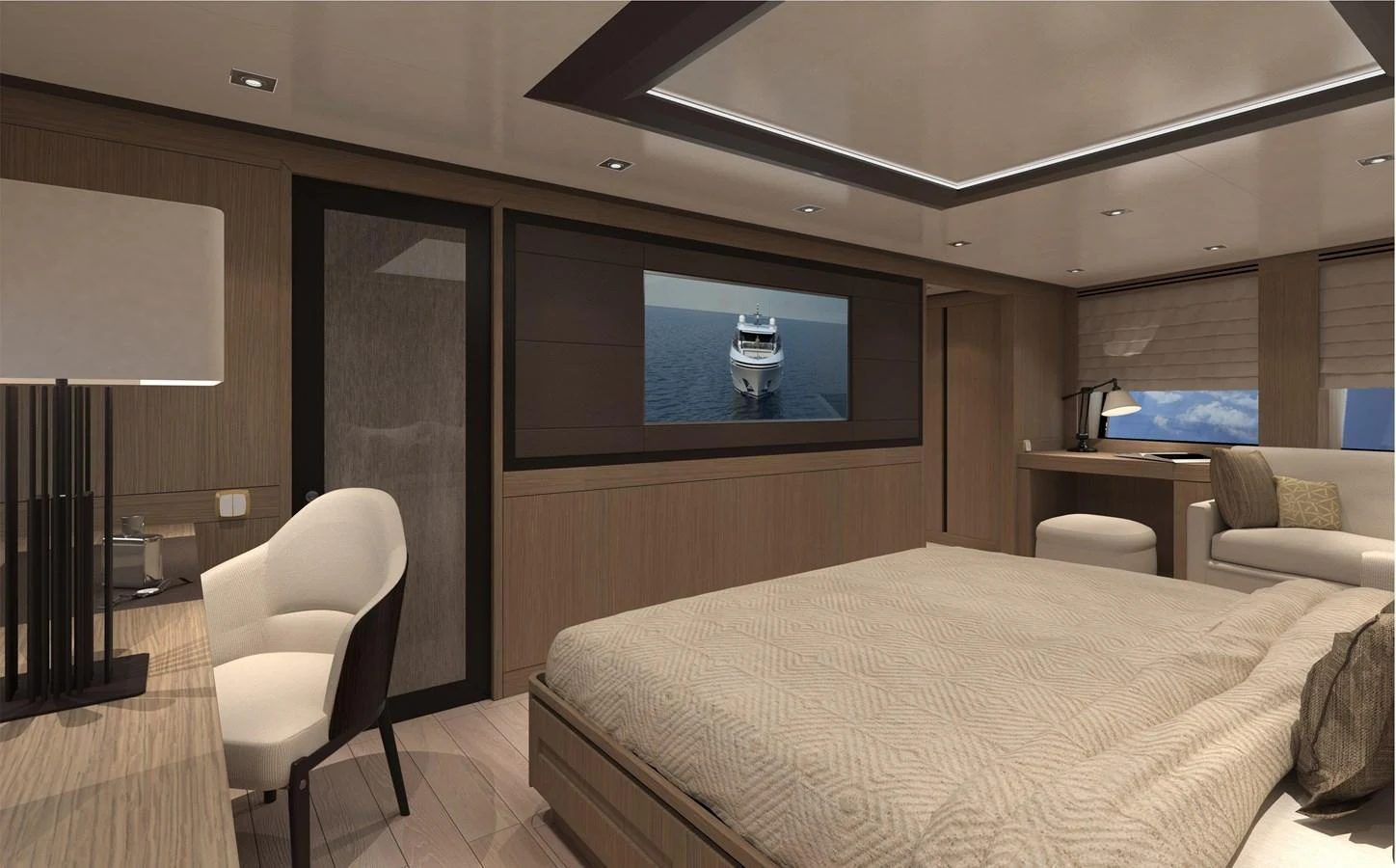 The master stateroom features a luxurious bed, modern decor, and a large screen displaying a yacht. aboard WIDESPACE EXPLORER Yacht for Sale