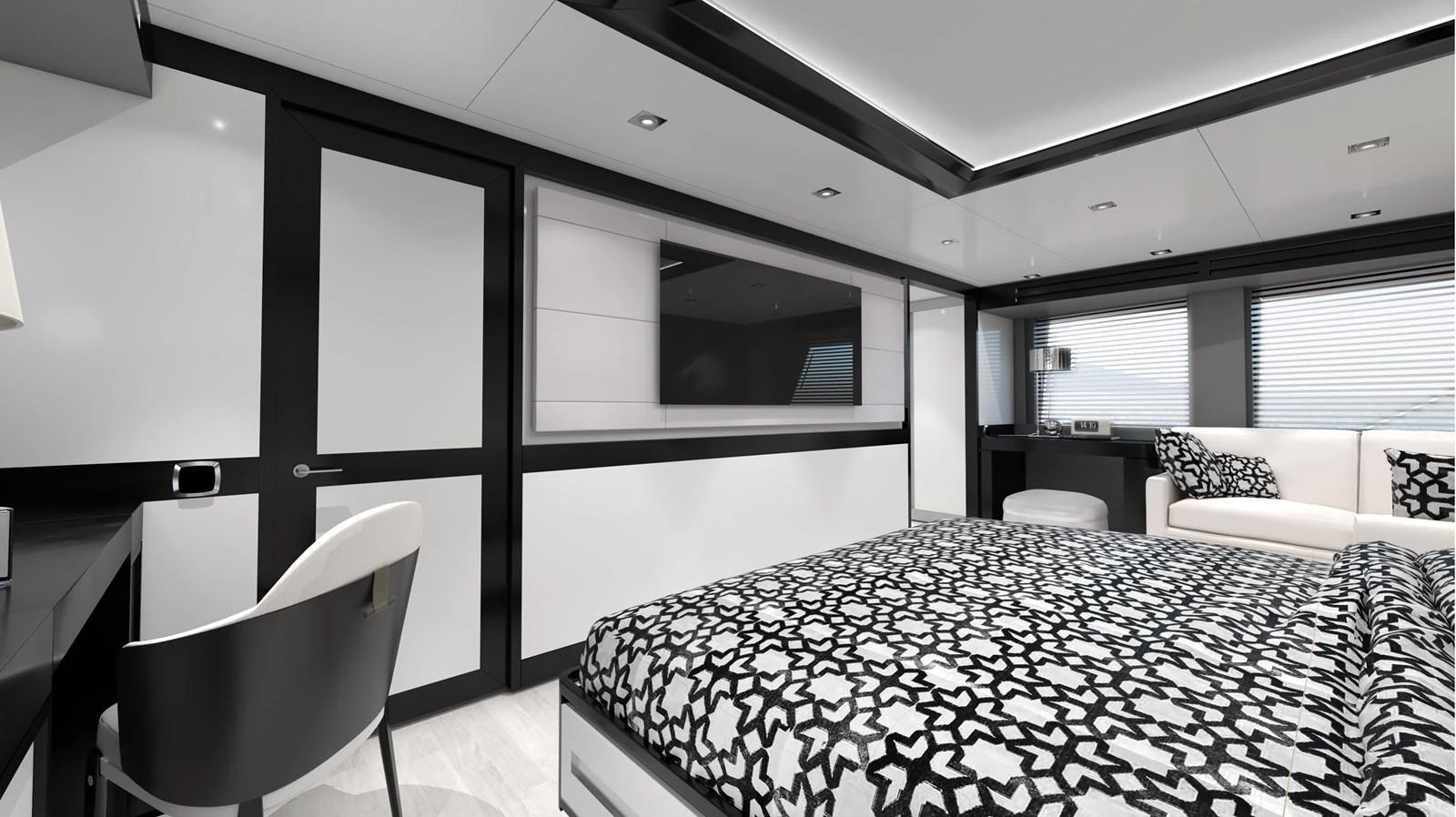 The master stateroom features modern decor with a comfortable bed and ample seating. aboard WIDESPACE EXPLORER Yacht for Sale