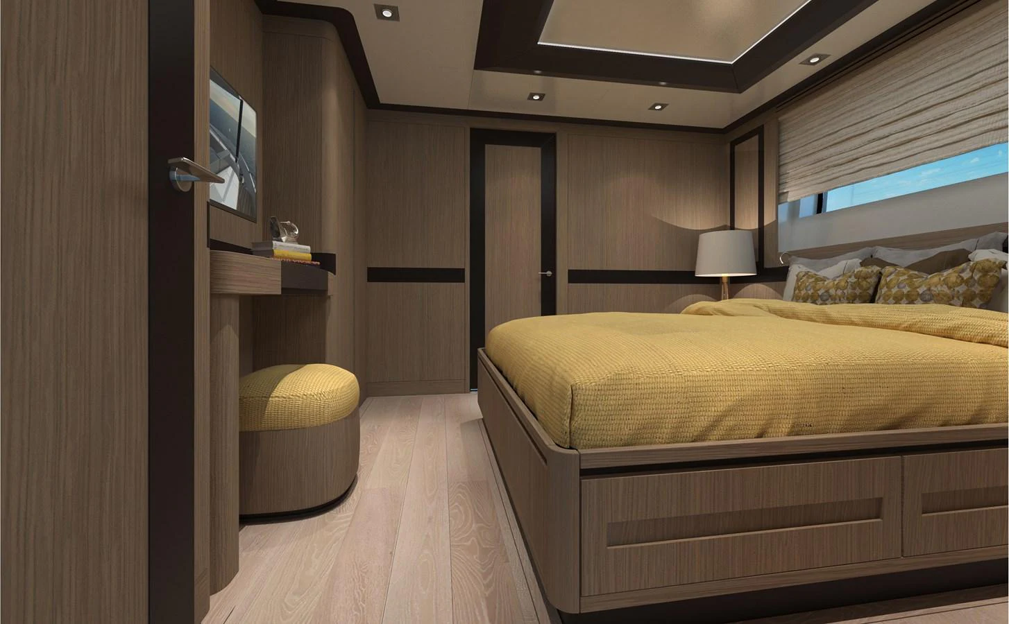 The master stateroom features a luxurious bed with elegant wood paneling and modern lighting. aboard WIDESPACE EXPLORER Yacht for Sale