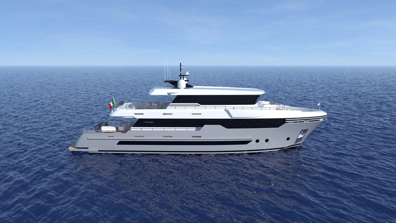 A sleek and modern yacht cruising on calm blue waters under a clear sky. aboard WIDESPACE EXPLORER Yacht for Sale