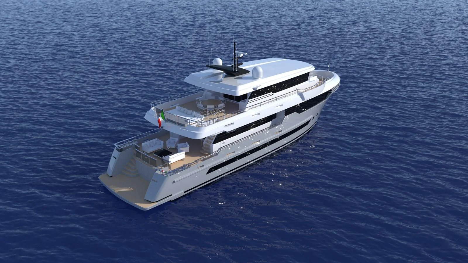 A sleek and modern yacht cruising on calm blue waters. aboard WIDESPACE EXPLORER Yacht for Sale