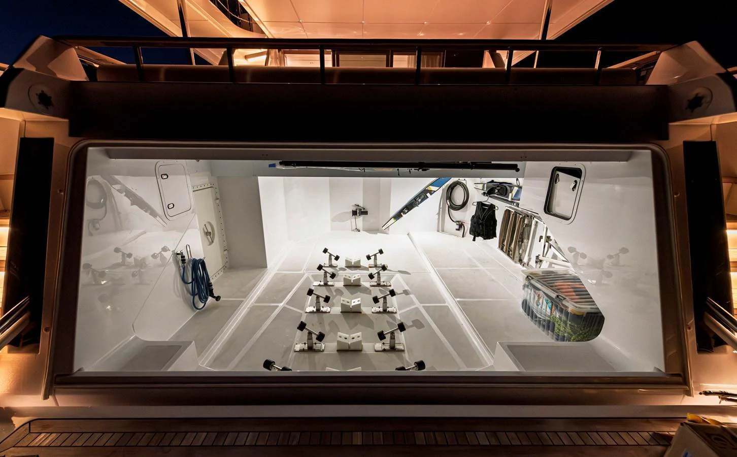 The yacht's toy garage is well-equipped with various water sports gear and equipment. aboard BELLE ILE Yacht for Sale