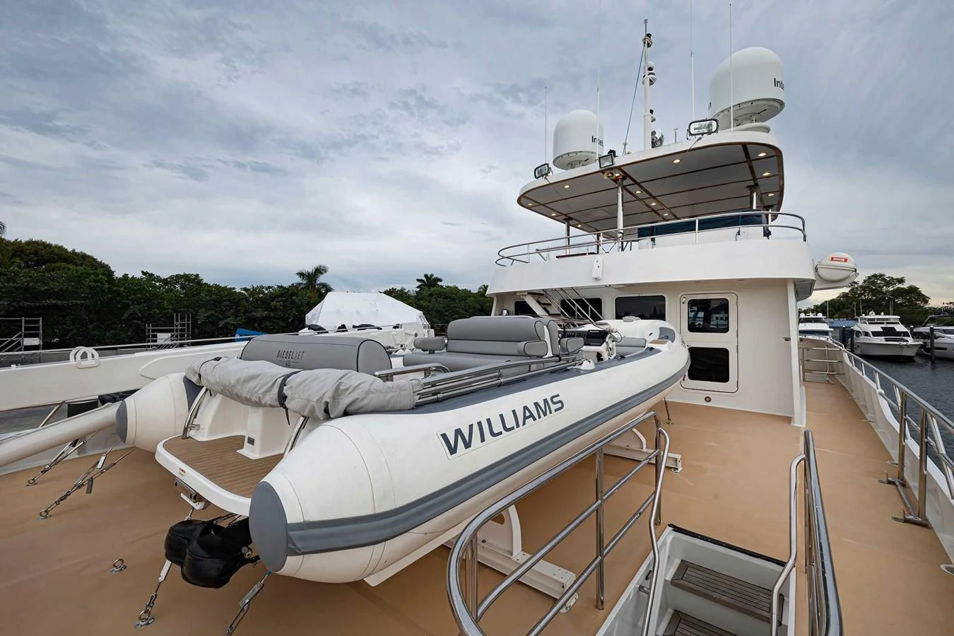 The yacht features a well-equipped tender on its deck, ready for excursions. aboard HEAVEN'S GATE Yacht for Sale
