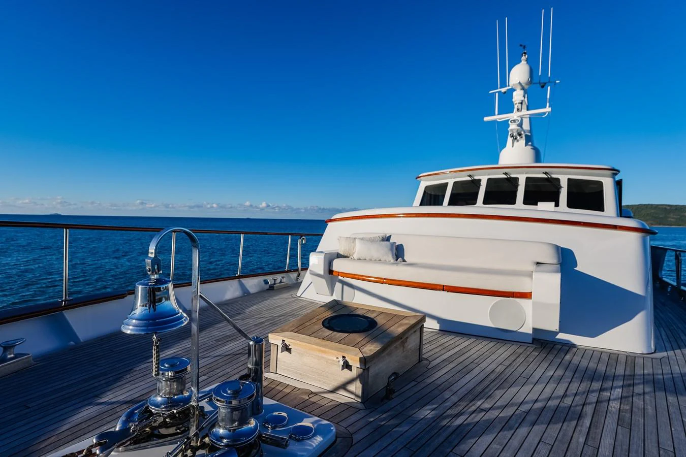 The foredeck offers a spacious area with polished fittings and a clear view of the horizon. aboard VICTORIA Yacht for Sale