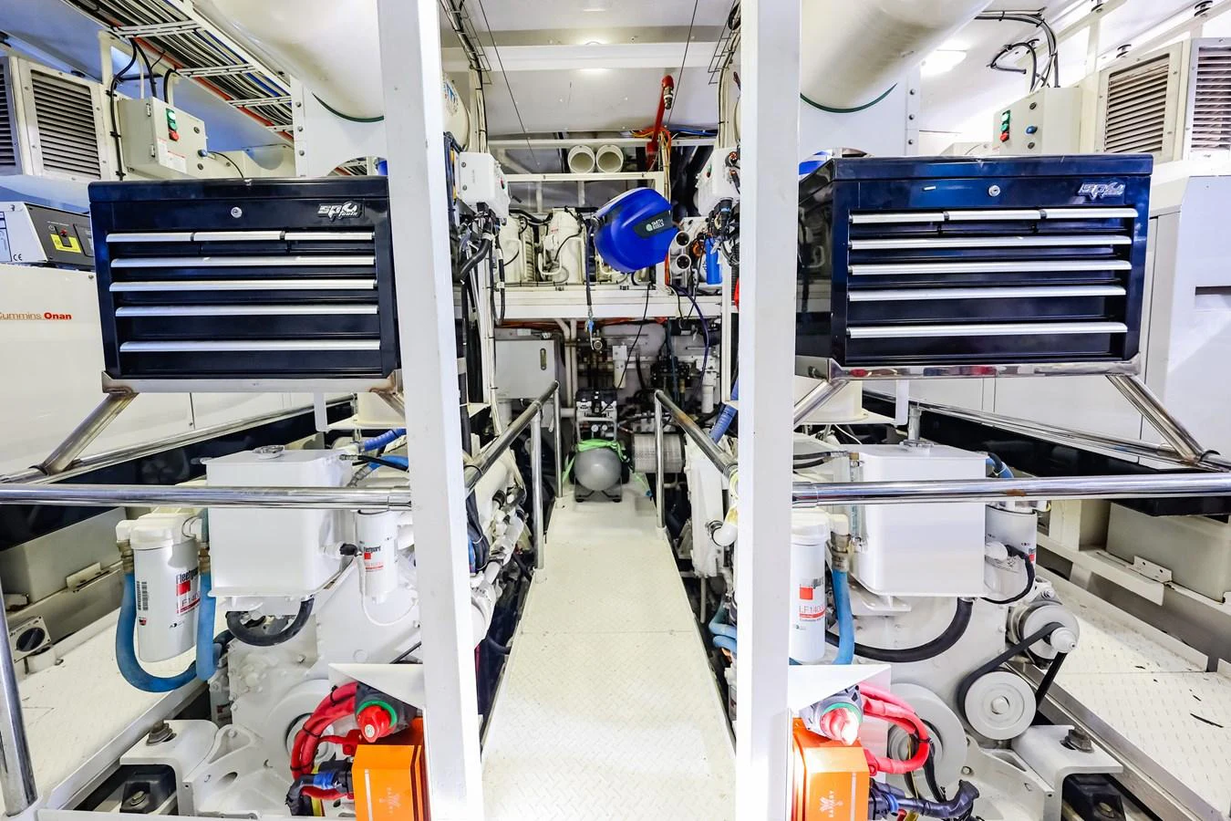 The image showcases the well-organized and clean engine room of the yacht, highlighting its advanced machinery and equipment. aboard VICTORIA Yacht for Sale
