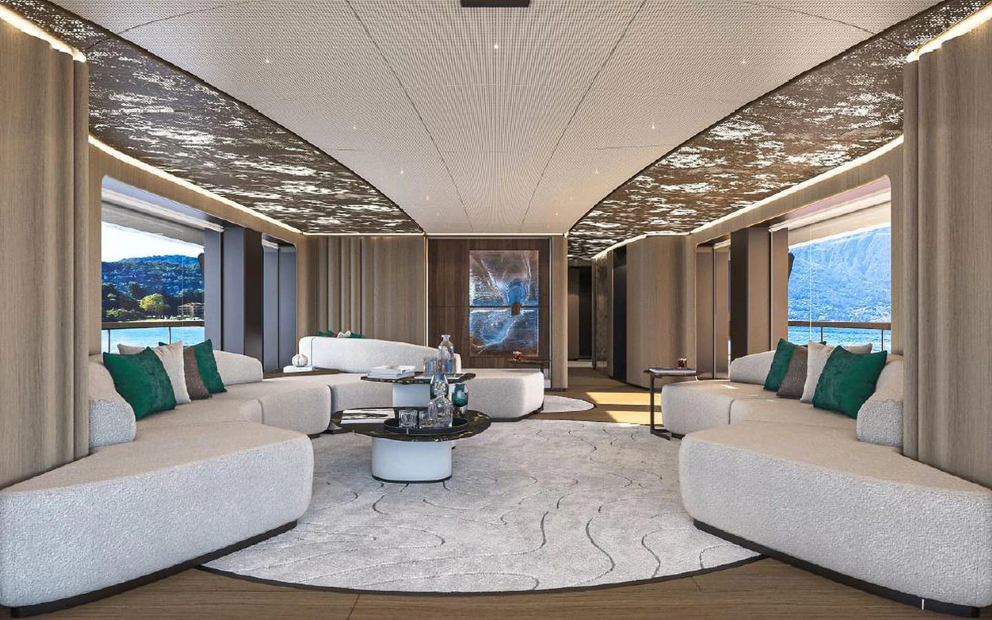 The spacious salon features elegant seating with panoramic views and luxurious decor. aboard SIRENA 42M Yacht for Sale