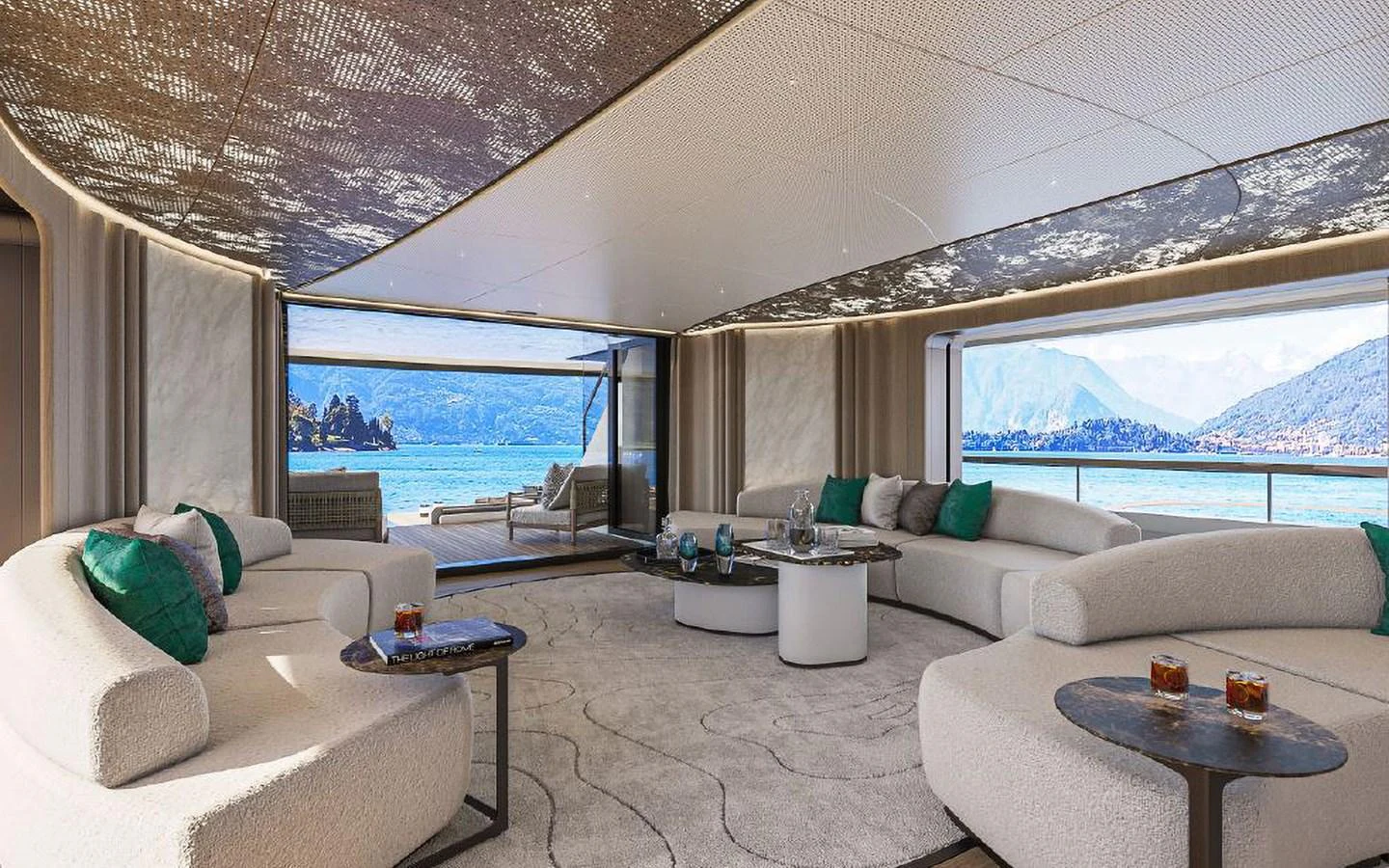 The yacht's salon offers a luxurious and spacious seating area with stunning panoramic views. aboard SIRENA 42M Yacht for Sale