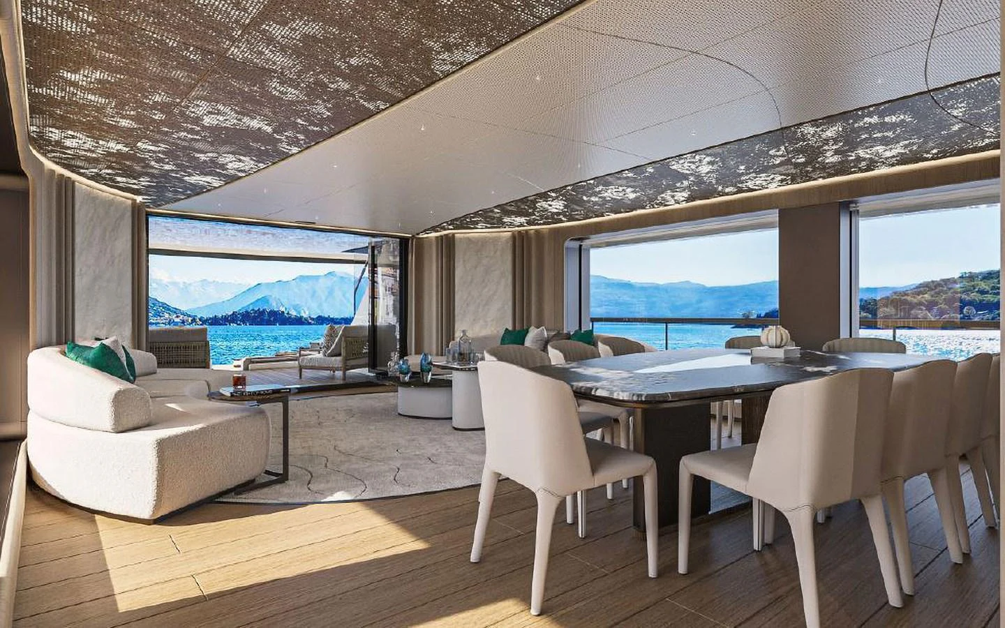 The spacious salon offers panoramic views and luxurious seating arrangements. aboard SIRENA 42M Yacht for Sale
