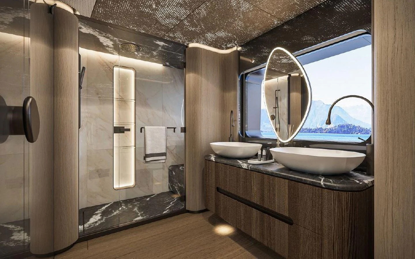 The luxurious bathroom features dual sinks, a spacious shower, and a large window with a stunning view. aboard SIRENA 42M Yacht for Sale
