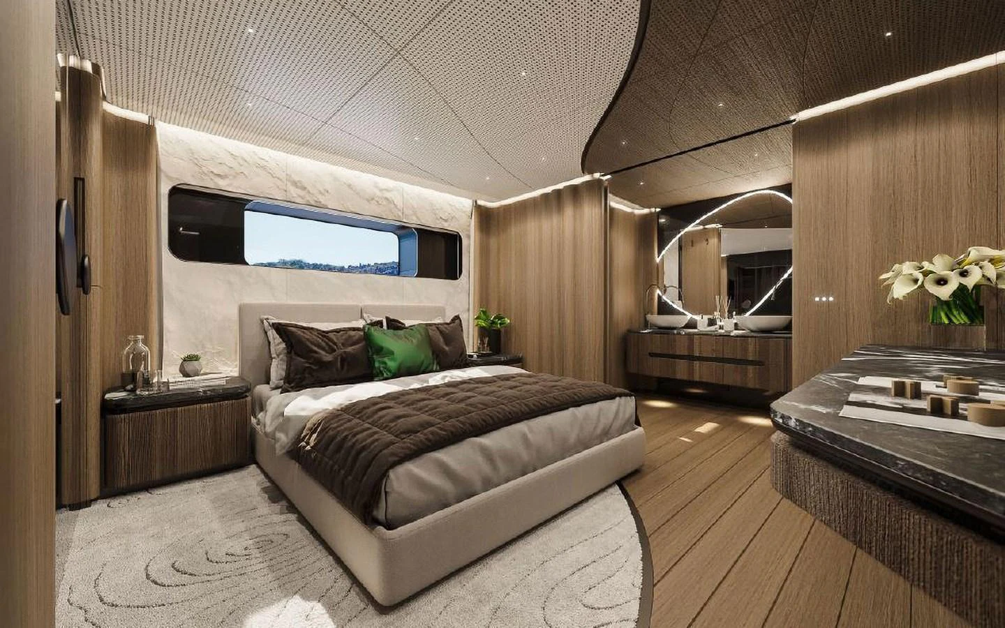 The master stateroom features luxurious bedding, elegant wood finishes, and modern lighting. aboard SIRENA 42M Yacht for Sale