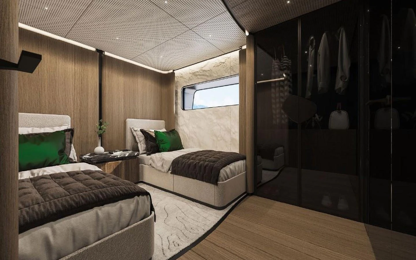 The guest stateroom features twin beds with luxurious bedding and a modern, elegant design. aboard SIRENA 42M Yacht for Sale