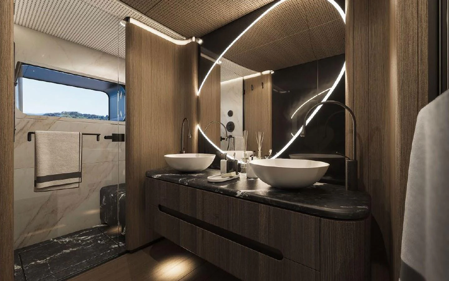 The yacht's bathroom features modern fixtures with a sleek, contemporary design. aboard SIRENA 42M Yacht for Sale