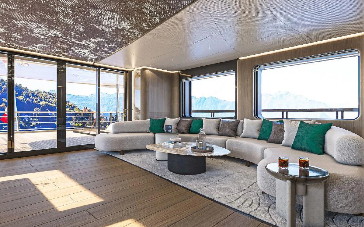 The salon offers a spacious and luxurious seating area with panoramic views. aboard SIRENA 42M Yacht for Sale
