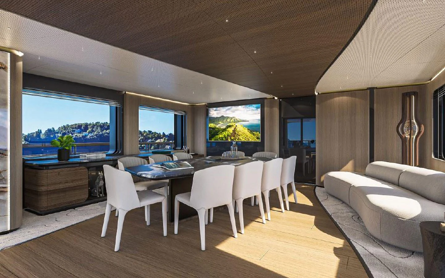 The yacht's dining area features a modern table with white chairs, surrounded by large windows offering stunning views. aboard SIRENA 42M Yacht for Sale