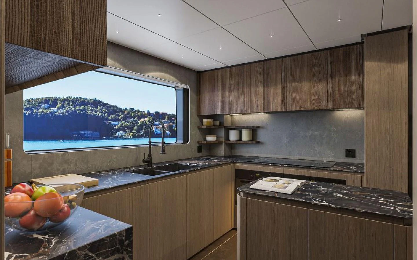 The galley features modern cabinetry, sleek countertops, and a large window with a scenic view. aboard SIRENA 42M Yacht for Sale