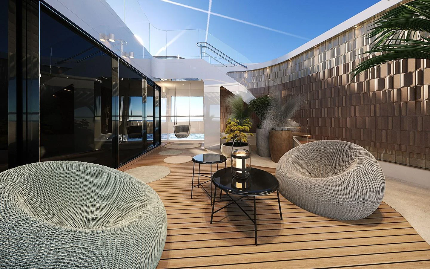 The sundeck features modern outdoor seating with a stylish and comfortable ambiance. aboard SIRENA 42M Yacht for Sale