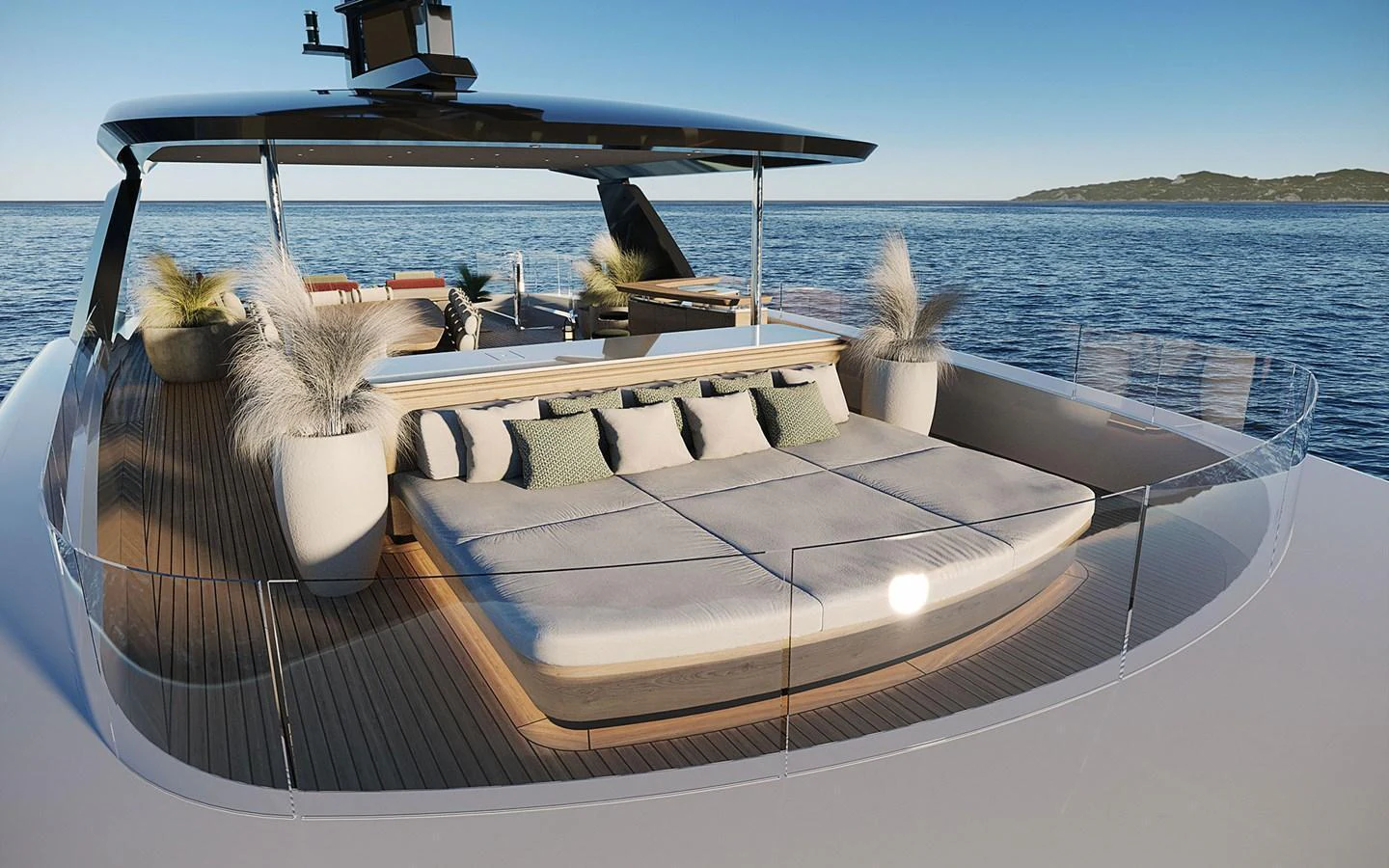 The yacht's sundeck features a luxurious lounging area with plush cushions and scenic ocean views. aboard SIRENA 42M Yacht for Sale