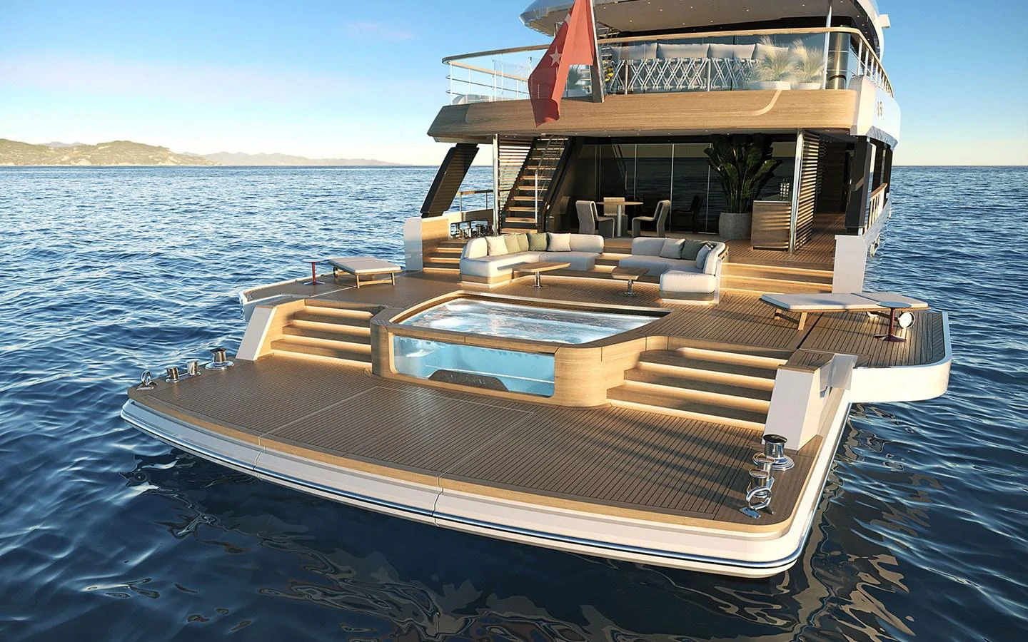 The yacht's aft deck features a luxurious lounging area with a built-in jacuzzi, perfect for relaxation. aboard SIRENA 42M Yacht for Sale