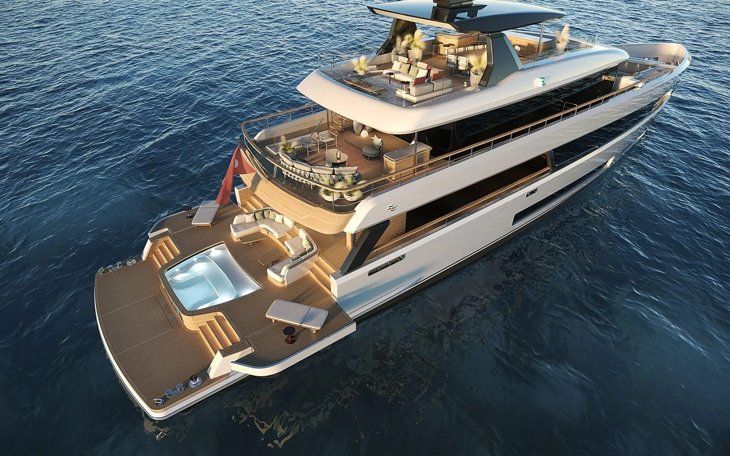 A luxurious yacht with multiple decks and an inviting jacuzzi on the aft deck, cruising on calm waters. aboard SIRENA 42M Yacht for Sale
