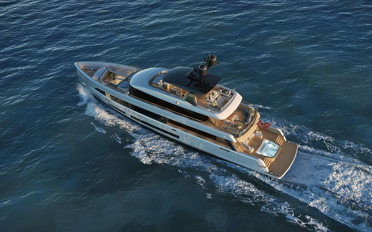 A sleek and modern yacht cruising through the open water, showcasing its luxurious design and spacious deck areas. aboard SIRENA 42M Yacht for Sale