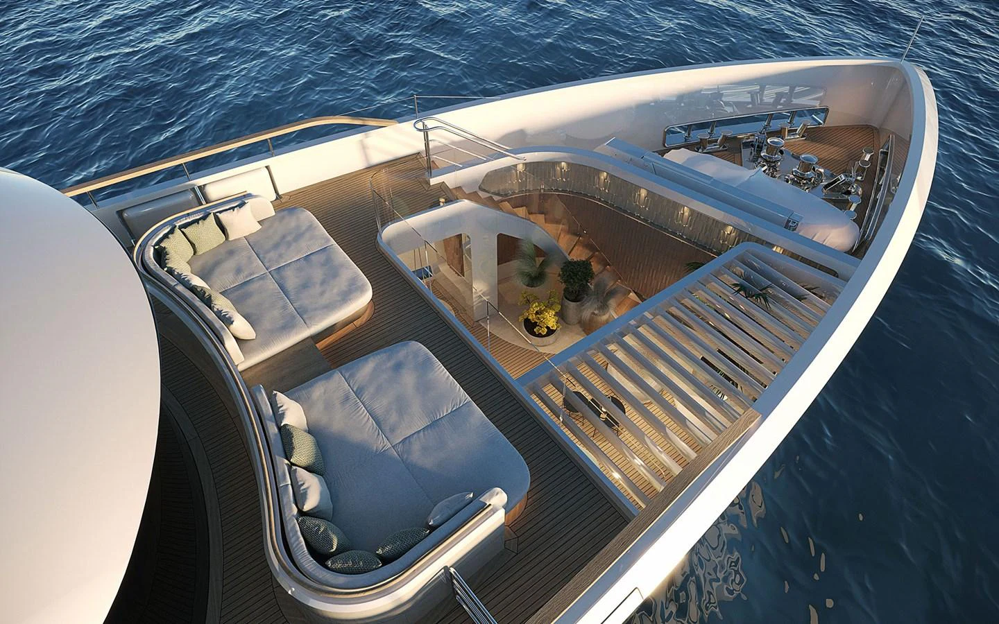 The yacht's foredeck features luxurious sunbeds and a stylish seating area, perfect for relaxation and socializing. aboard SIRENA 42M Yacht for Sale