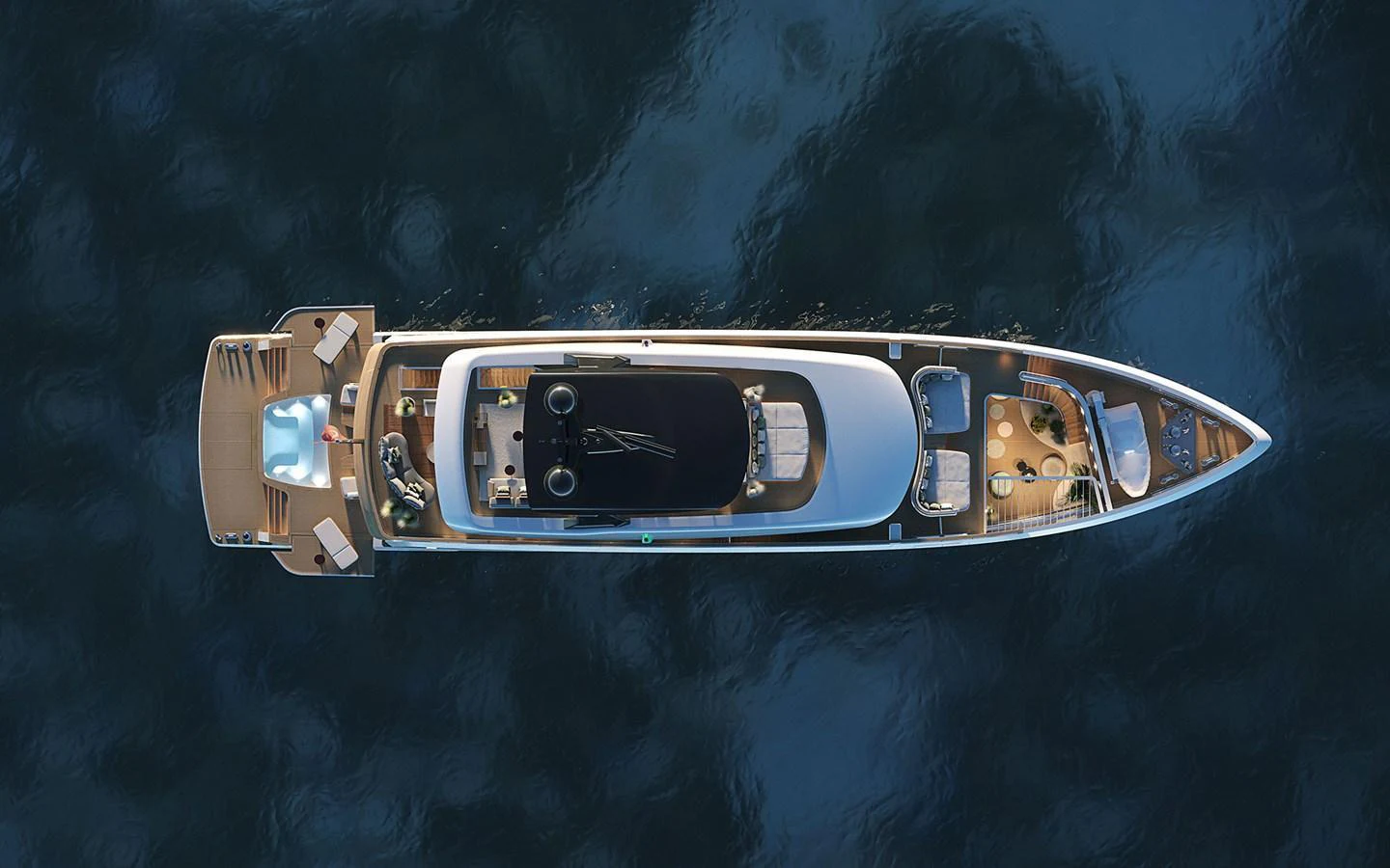 A luxurious yacht is seen from above, showcasing its sleek design and spacious decks. aboard SIRENA 42M Yacht for Sale