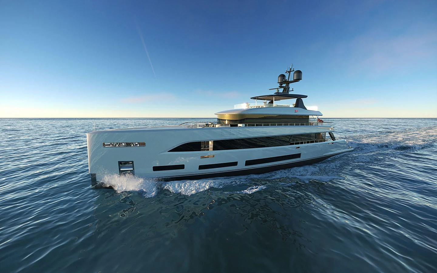 A sleek and modern yacht glides effortlessly across the calm ocean waters under a clear blue sky. aboard SIRENA 42M Yacht for Sale