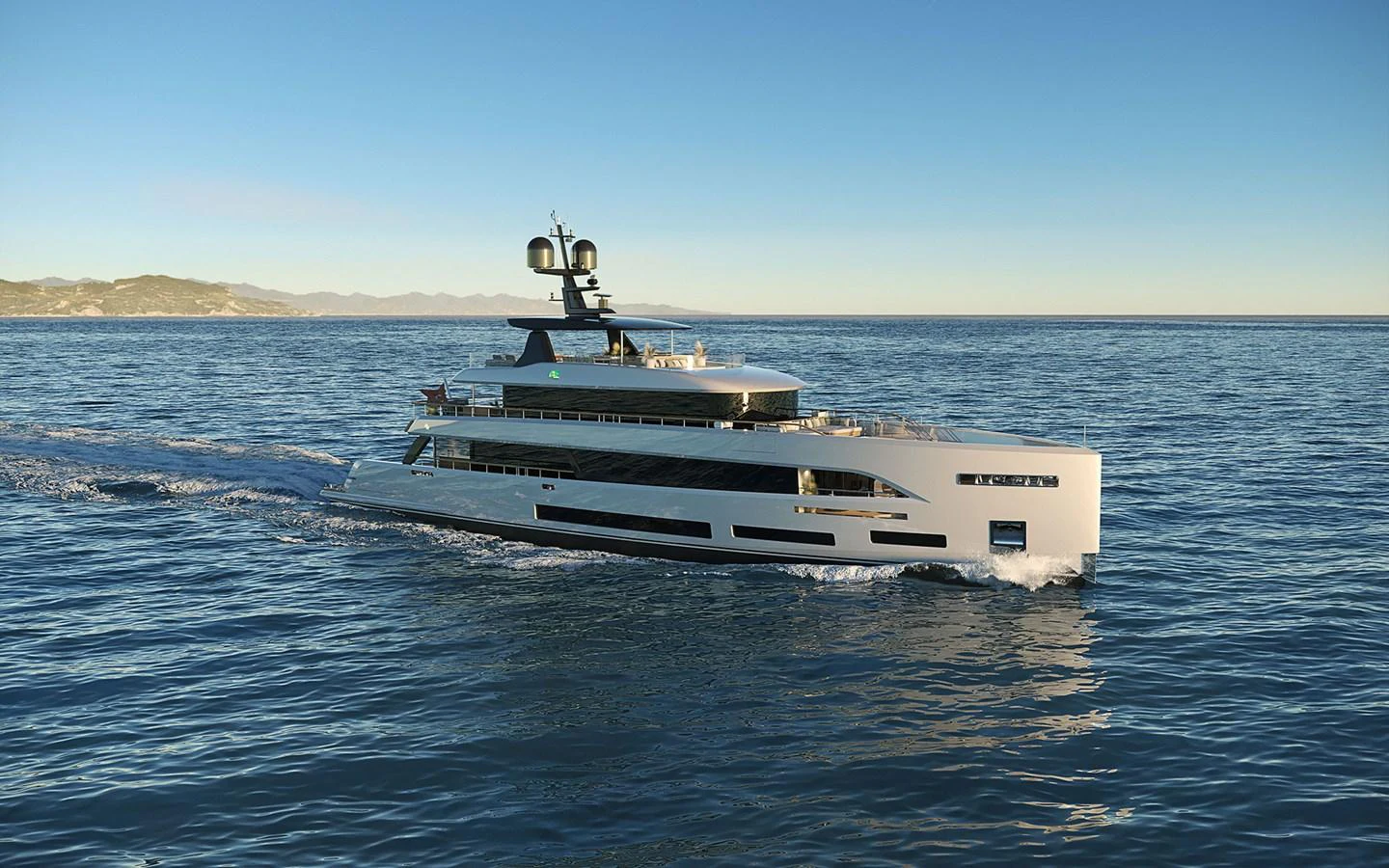 A sleek and modern yacht cruises through calm waters under a clear sky. aboard SIRENA 42M Yacht for Sale