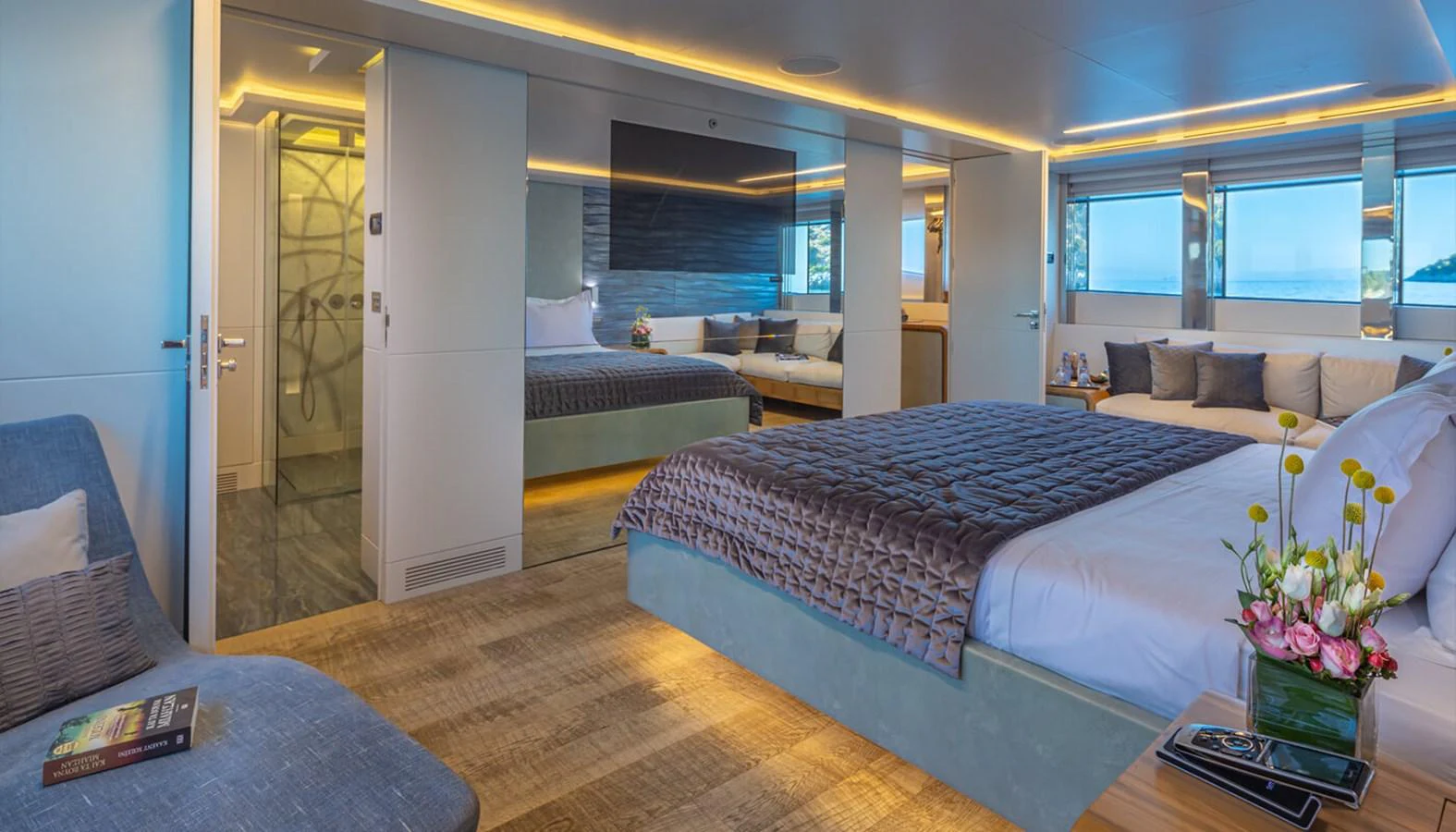 The master stateroom offers a luxurious and spacious retreat with modern decor and ample natural light. aboard BARENTS SEA Yacht for Sale